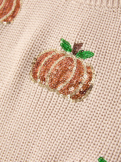 🦃 Thanksgiving Pumpkin Sequin Sweater – Beige | Cozy Fall Boutique Kids Sweater