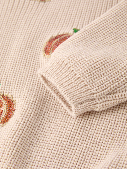 🦃 Thanksgiving Pumpkin Sequin Sweater – Beige | Cozy Fall Boutique Kids Sweater