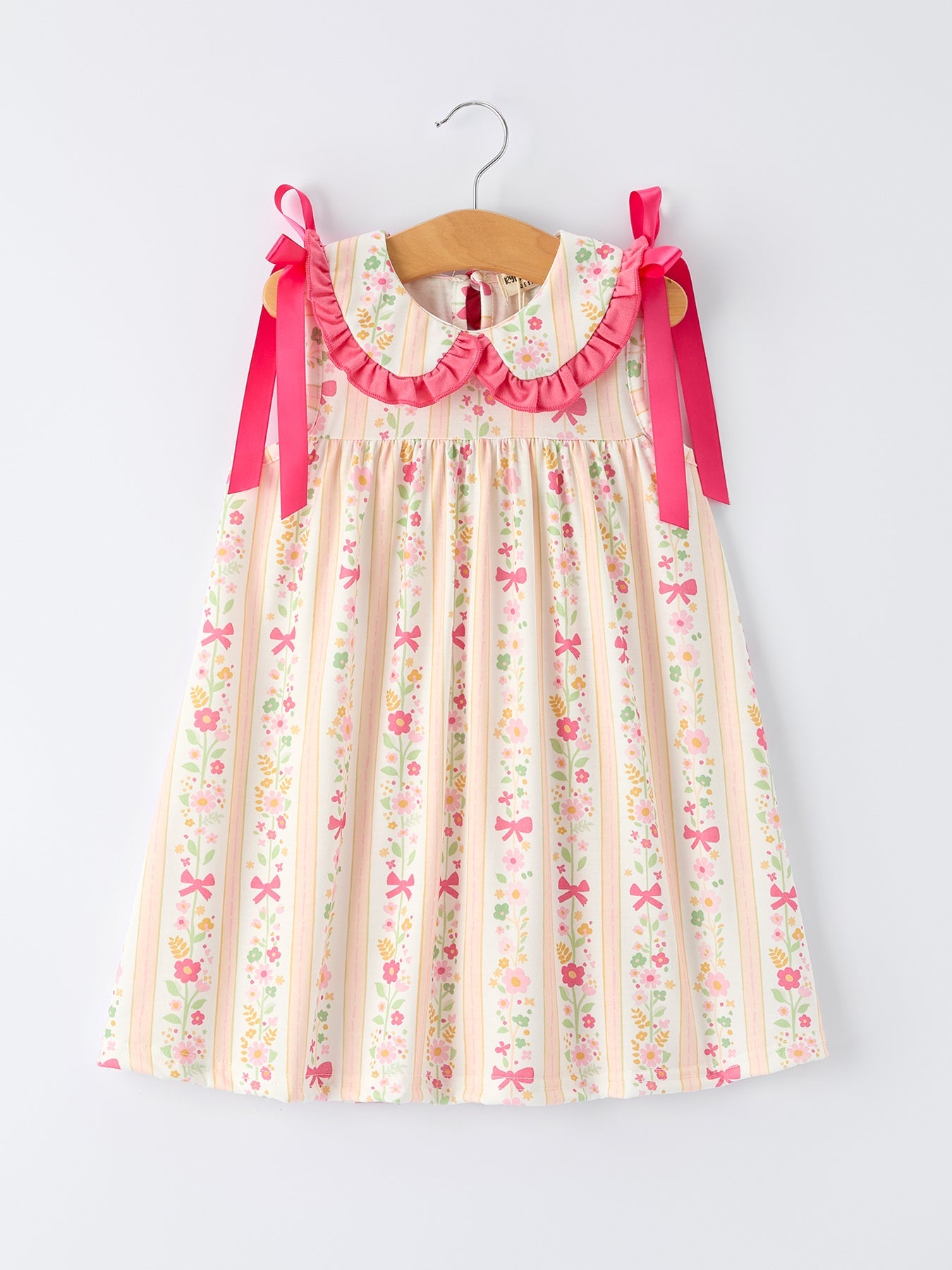 Summer Floral Bow Ruffle Girls Dress | Boutique Baby Girl Outfit | Floral Toddler Dress with Bow Detail