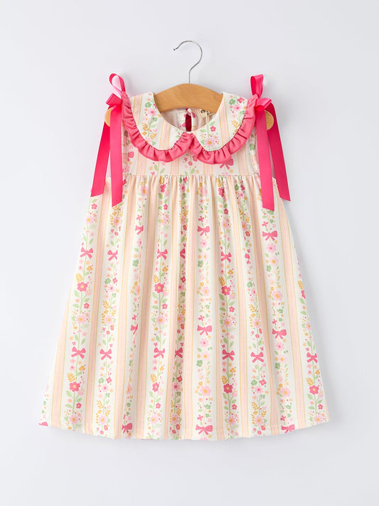 Summer Floral Bow Ruffle Girls Dress | Boutique Baby Girl Outfit | Floral Toddler Dress with Bow Detail