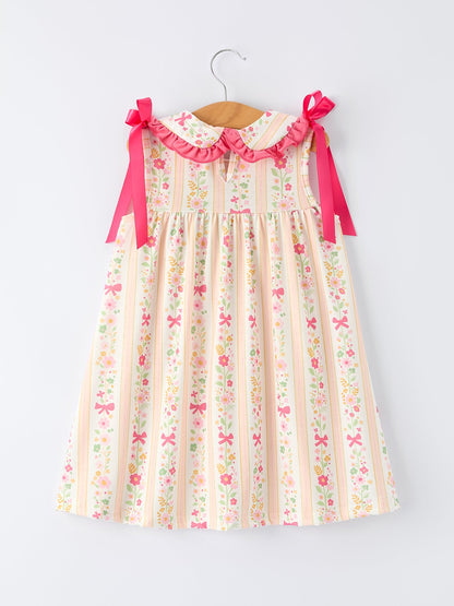 Summer Floral Bow Ruffle Girls Dress | Boutique Baby Girl Outfit | Floral Toddler Dress with Bow Detail