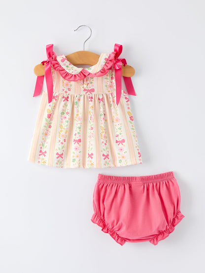 Spring Floral Bow Ruffle Girl Bloomer Set | Boutique Baby Girl Outfit | Floral Baby Shorts Set