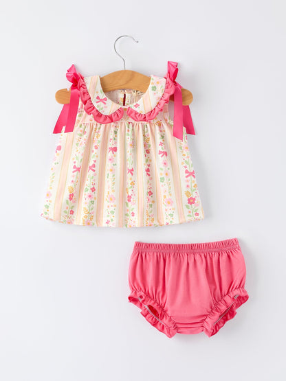 Spring Floral Bow Ruffle Girl Bloomer Set | Boutique Baby Girl Outfit | Floral Baby Shorts Set