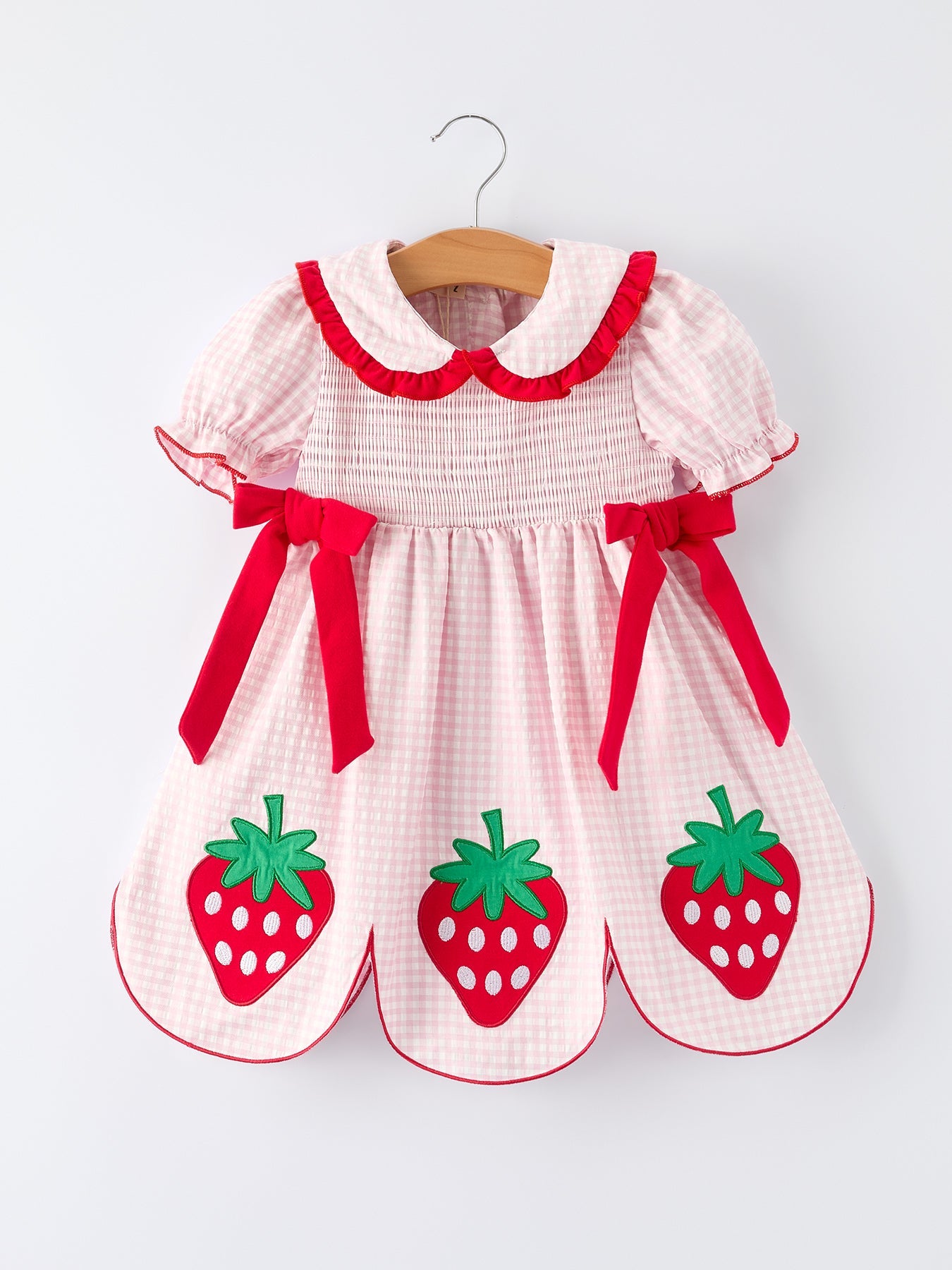 Girls’ Plaid Smocked Strawberry Applique Dress | Boutique Baby Girl Dress | Strawberry Toddler Outfit
