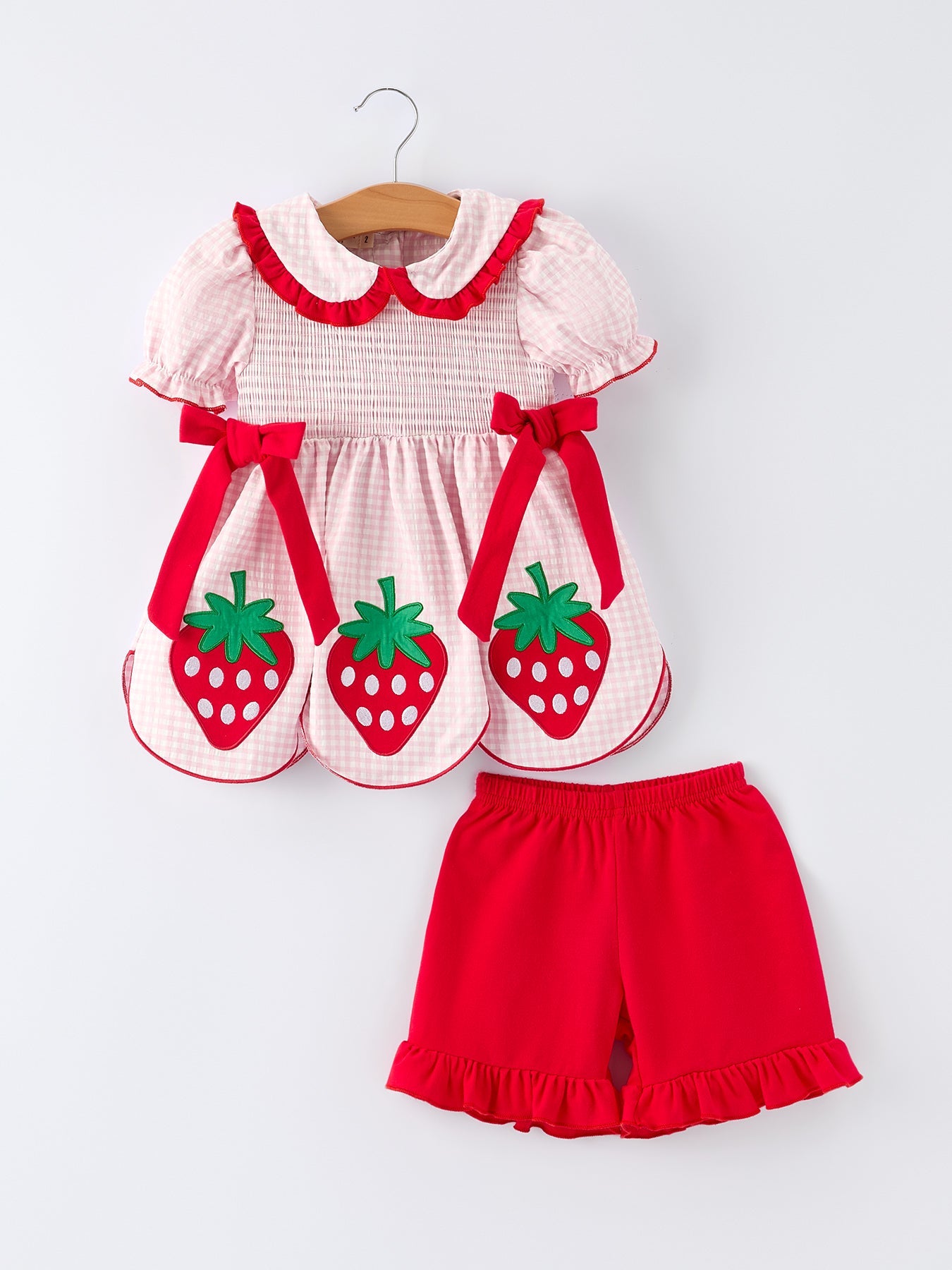 Girls’ Plaid Smocked Strawberry Applique Shorts Set | Boutique Baby Girl Summer Outfit | Strawberry Toddler Set