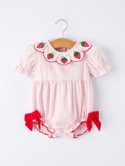 Baby Girls’ Plaid Smocked Strawberry Applique Romper | Boutique Baby Girl Outfit | Strawberry Toddler Romper