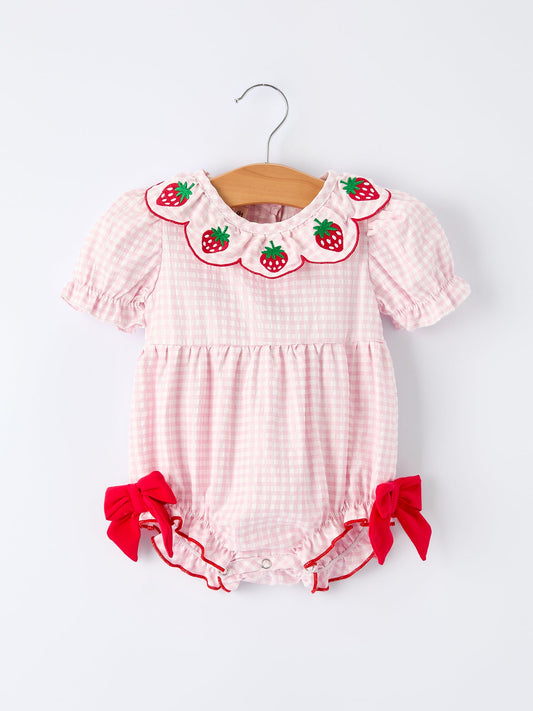Baby Girls’ Plaid Smocked Strawberry Applique Romper | Boutique Baby Girl Outfit | Strawberry Toddler Romper
