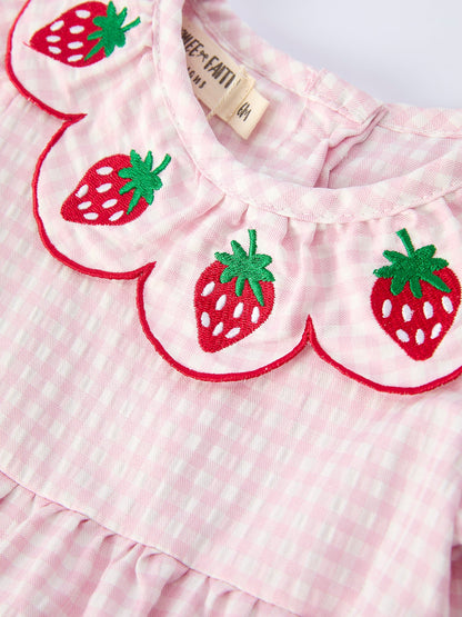 Baby Girls’ Plaid Smocked Strawberry Applique Romper | Boutique Baby Girl Outfit | Strawberry Toddler Romper