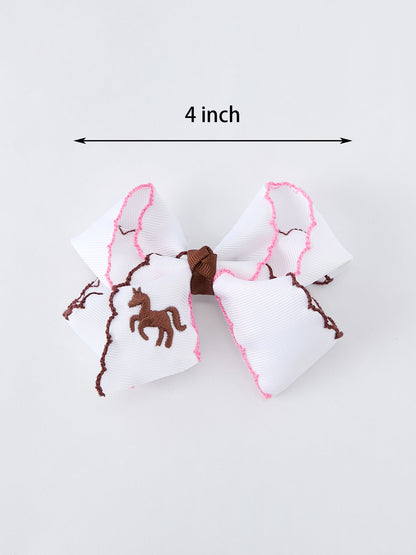 Western Horse Embroidery Girls Hairpin | 4 Inch Ruffle Edge Boutique Hair Bow | Cowboy Girl Accessory
