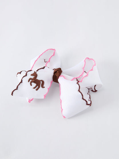 Western Horse Embroidery Girls Hairpin | 4 Inch Ruffle Edge Boutique Hair Bow | Cowboy Girl Accessory