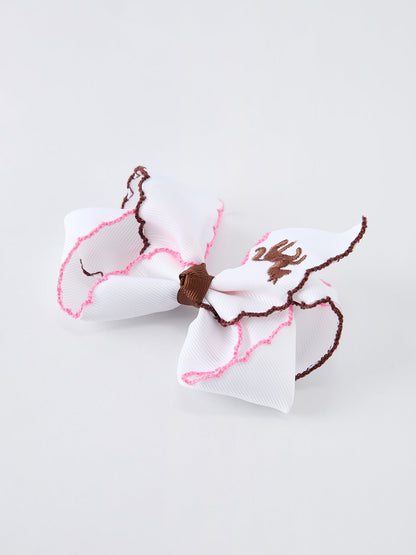 Western Horse Embroidery Girls Hairpin | 4 Inch Ruffle Edge Boutique Hair Bow | Cowboy Girl Accessory