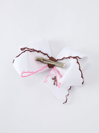 Western Horse Embroidery Girls Hairpin | 4 Inch Ruffle Edge Boutique Hair Bow | Cowboy Girl Accessory