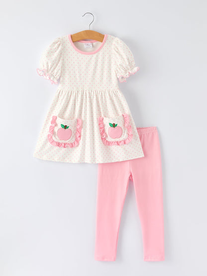 🍎🎒 Girls’ Back to School Apple Appliqué Set with Pockets | Cute School Outfit ✏️