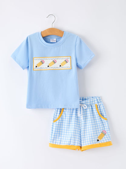 ✏️ Back to School Boys’ Pencil Appliqué Plaid Shorts Set | First Day School Outfit 🎒