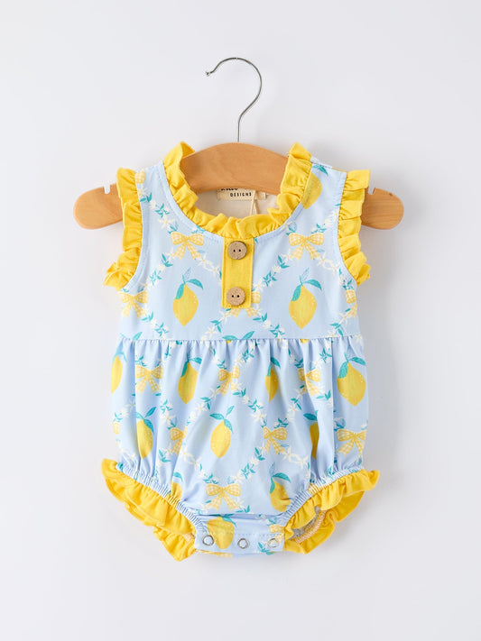Summer Lemon Floral Print Girl Sleeveless Ruffle Romper | Boutique Baby Girl Outfit | Lemon Toddler Romper