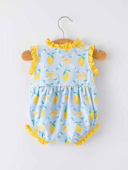 Summer Lemon Floral Print Girl Sleeveless Ruffle Romper | Boutique Baby Girl Outfit | Lemon Toddler Romper