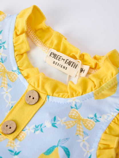 Summer Lemon Floral Print Girl Sleeveless Ruffle Romper | Boutique Baby Girl Outfit | Lemon Toddler Romper
