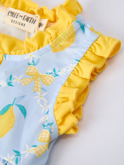 Summer Lemon Floral Print Girl Sleeveless Ruffle Romper | Boutique Baby Girl Outfit | Lemon Toddler Romper
