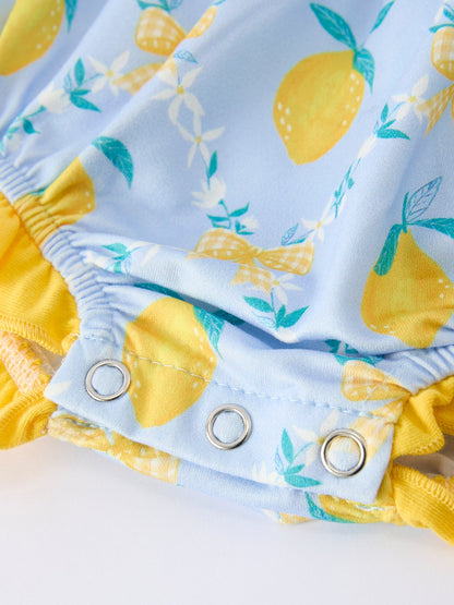 Summer Lemon Floral Print Girl Sleeveless Ruffle Romper | Boutique Baby Girl Outfit | Lemon Toddler Romper