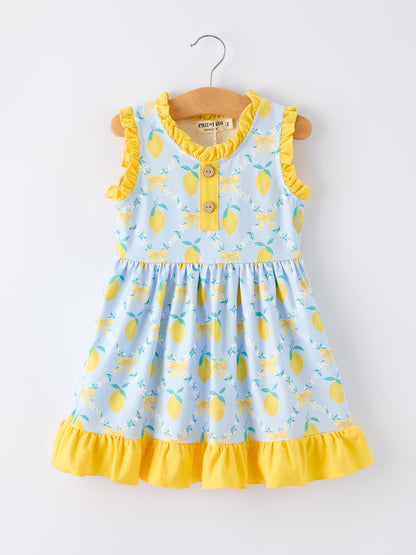 Summer Lemon Floral Print Girl Sleeveless Ruffle Dress | Boutique Baby Girl Summer Dress | Lemon Toddler Outfit
