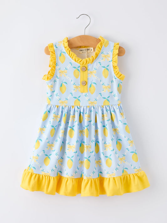 Summer Lemon Floral Print Girl Sleeveless Ruffle Dress | Boutique Baby Girl Summer Dress | Lemon Toddler Outfit