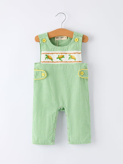 Spring Turtle Smocked Baby Boy Romper | Boutique Baby Boy Outfit | Turtle Applique Toddler Romper