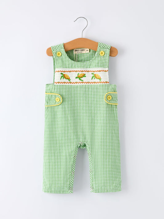 Spring Turtle Smocked Baby Boy Romper | Boutique Baby Boy Outfit | Turtle Applique Toddler Romper