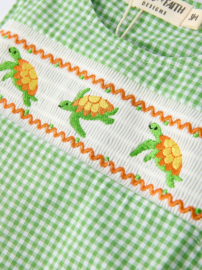 Spring Turtle Smocked Baby Boy Romper | Boutique Baby Boy Outfit | Turtle Applique Toddler Romper