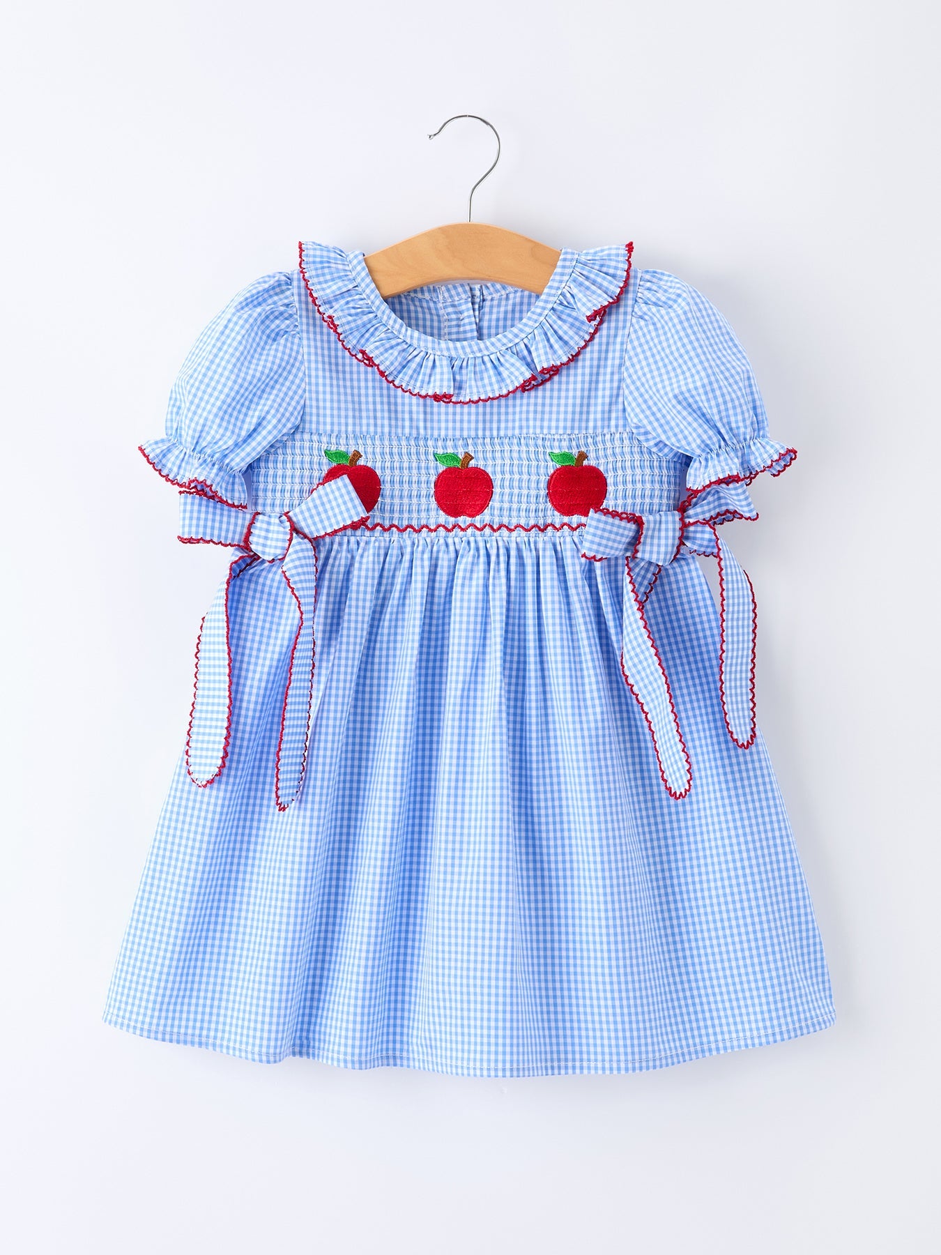 🍎🎀 Back to School Apple Plaid Girls Smocked Dress | Puff Sleeve & Bow School Outfit ✏️