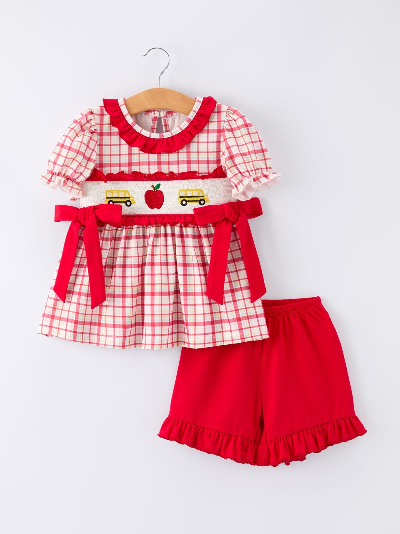 🚌🎀 Back to School School Bus Embroidery Plaid Girls Set | Ruffle & Bow Outfit 🍎