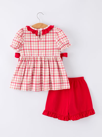🚌🎀 Back to School School Bus Embroidery Plaid Girls Set | Ruffle & Bow Outfit 🍎