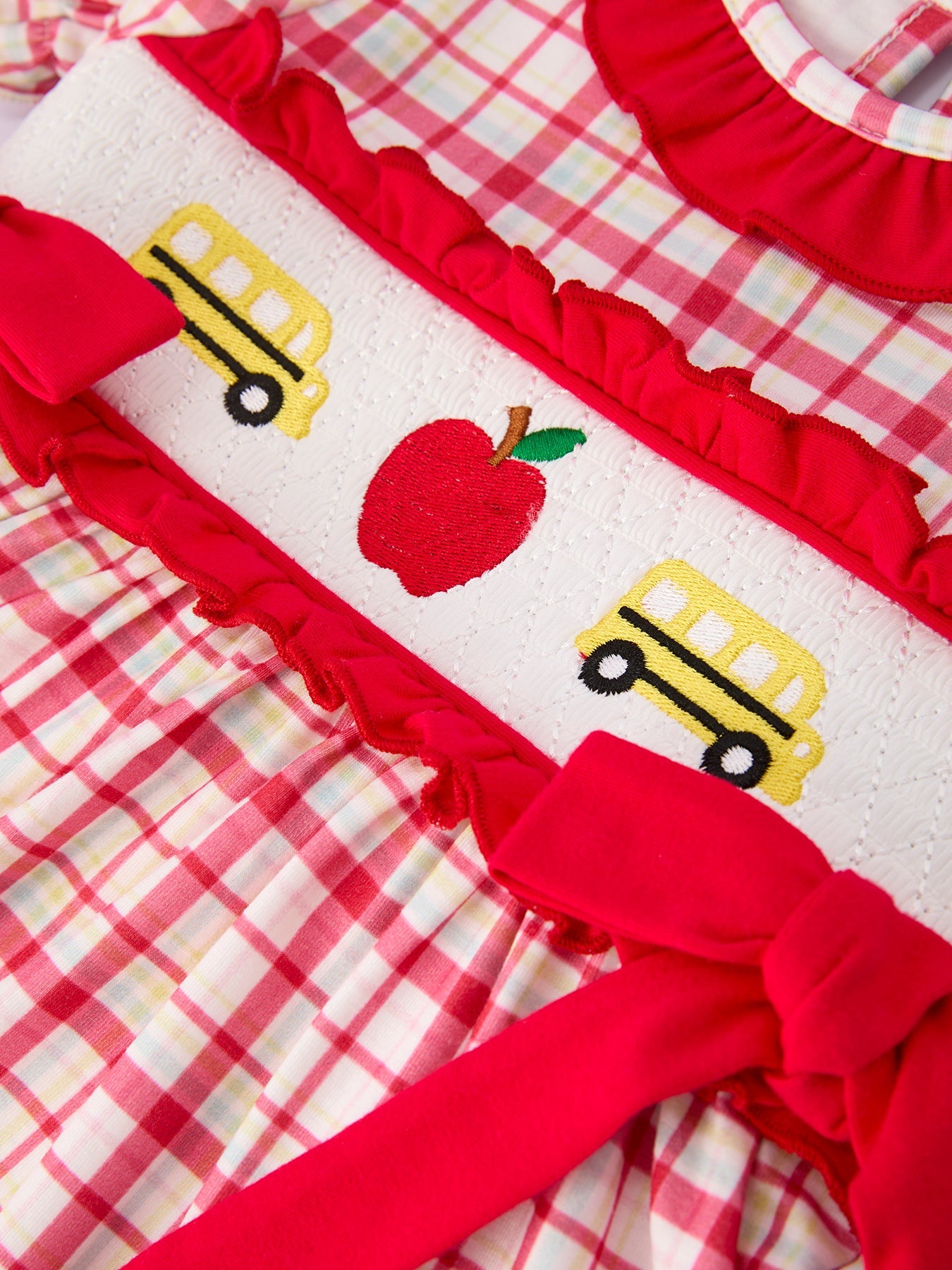 🚌🎀 Back to School School Bus Embroidery Plaid Girls Set | Ruffle & Bow Outfit 🍎