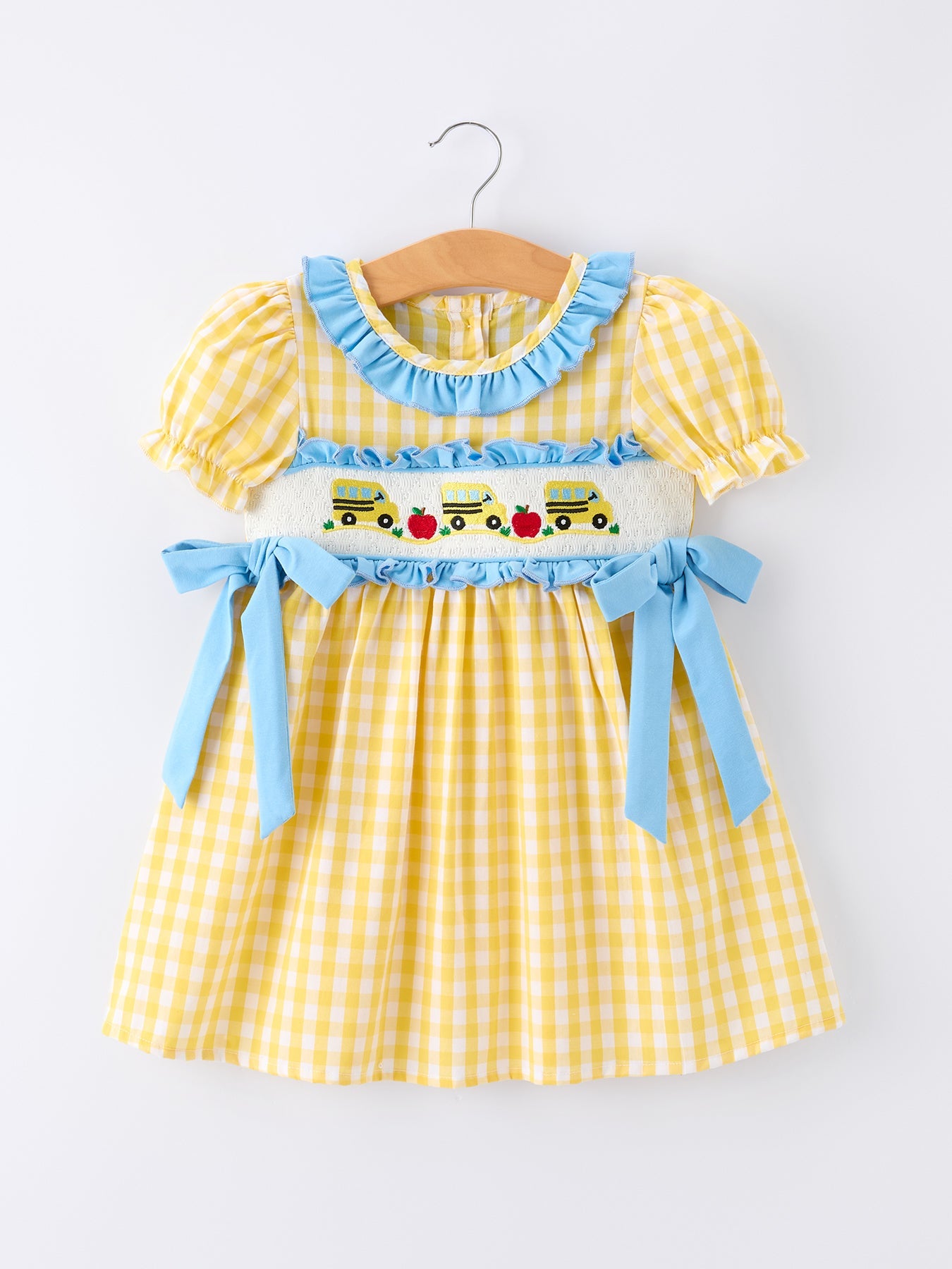 🚌🎒 Girls’ Back to School School Bus Plaid Dress | Ruffle Collar & Bow Outfit 🍎