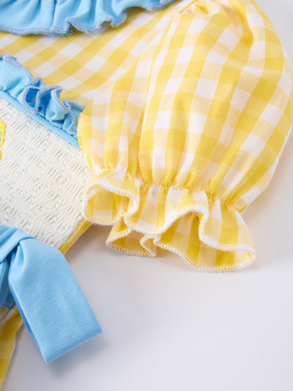 🚌🎒 Girls’ Back to School School Bus Plaid Dress | Ruffle Collar & Bow Outfit 🍎
