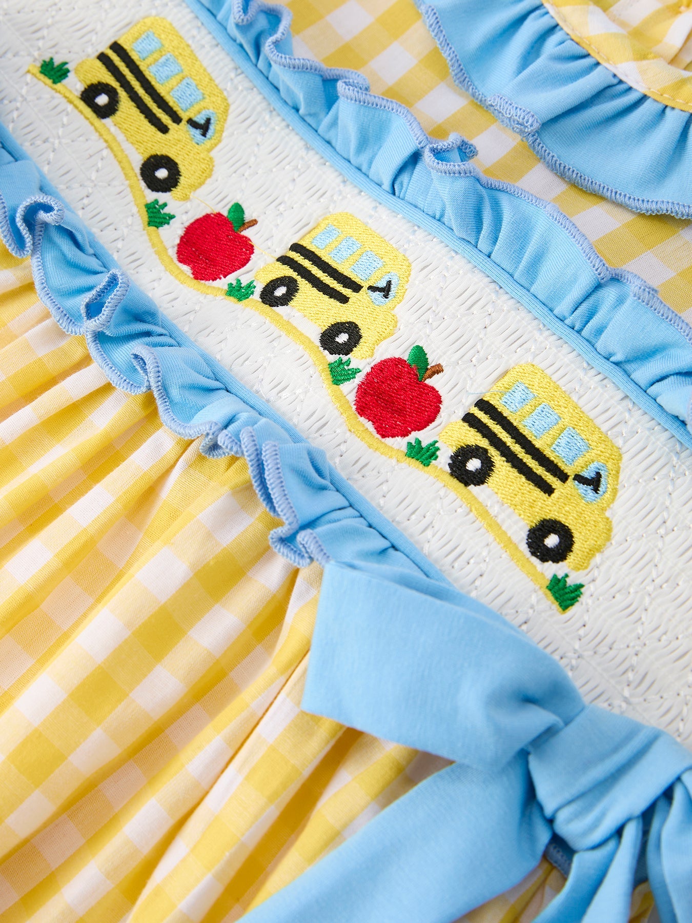 🚌🎒 Girls’ Back to School School Bus Plaid Dress | Ruffle Collar & Bow Outfit 🍎