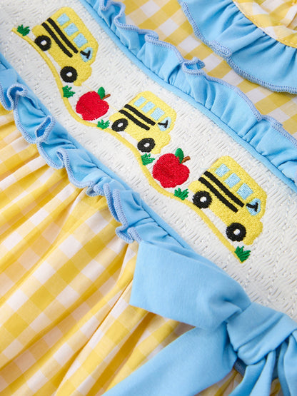 🚌🎒 Girls’ Back to School School Bus Plaid Dress | Ruffle Collar & Bow Outfit 🍎