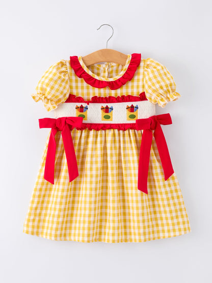 📚✏️ Back To School Supply Plaid Girls Dress | Ruffle Collar Bow Boutique School Outfit