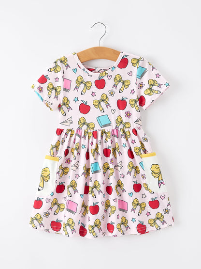 🍎🎀 Girls Back To School Apple Bow Pocket Twirl Dress | Boutique School Outfit