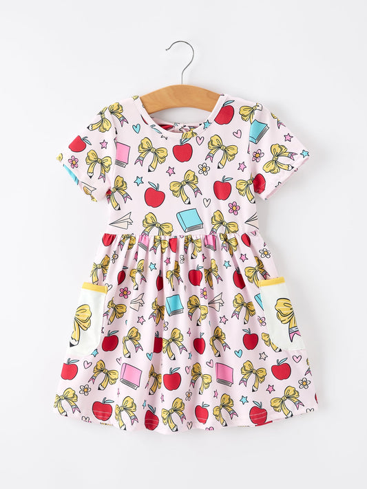 🍎🎀 Girls Back To School Apple Bow Pocket Twirl Dress | Boutique School Outfit