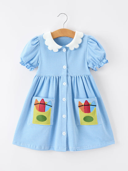 ✏️📚 Girls Back To School Pencil Dress | Petals Collar Pocket Applique Boutique School Outfit