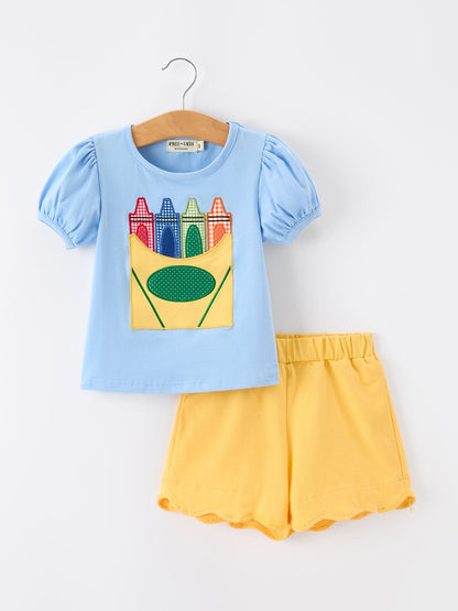 🖍️🎒 Girls’ Back to School Crayon Appliqué Top & Shorts Set | Cute School Outfit ✏️