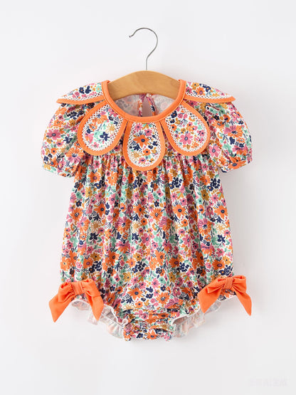 🧡 Orange Floral Bow Petals Collar Girls Romper | Boutique Baby Girl Spring & Summer Outfit