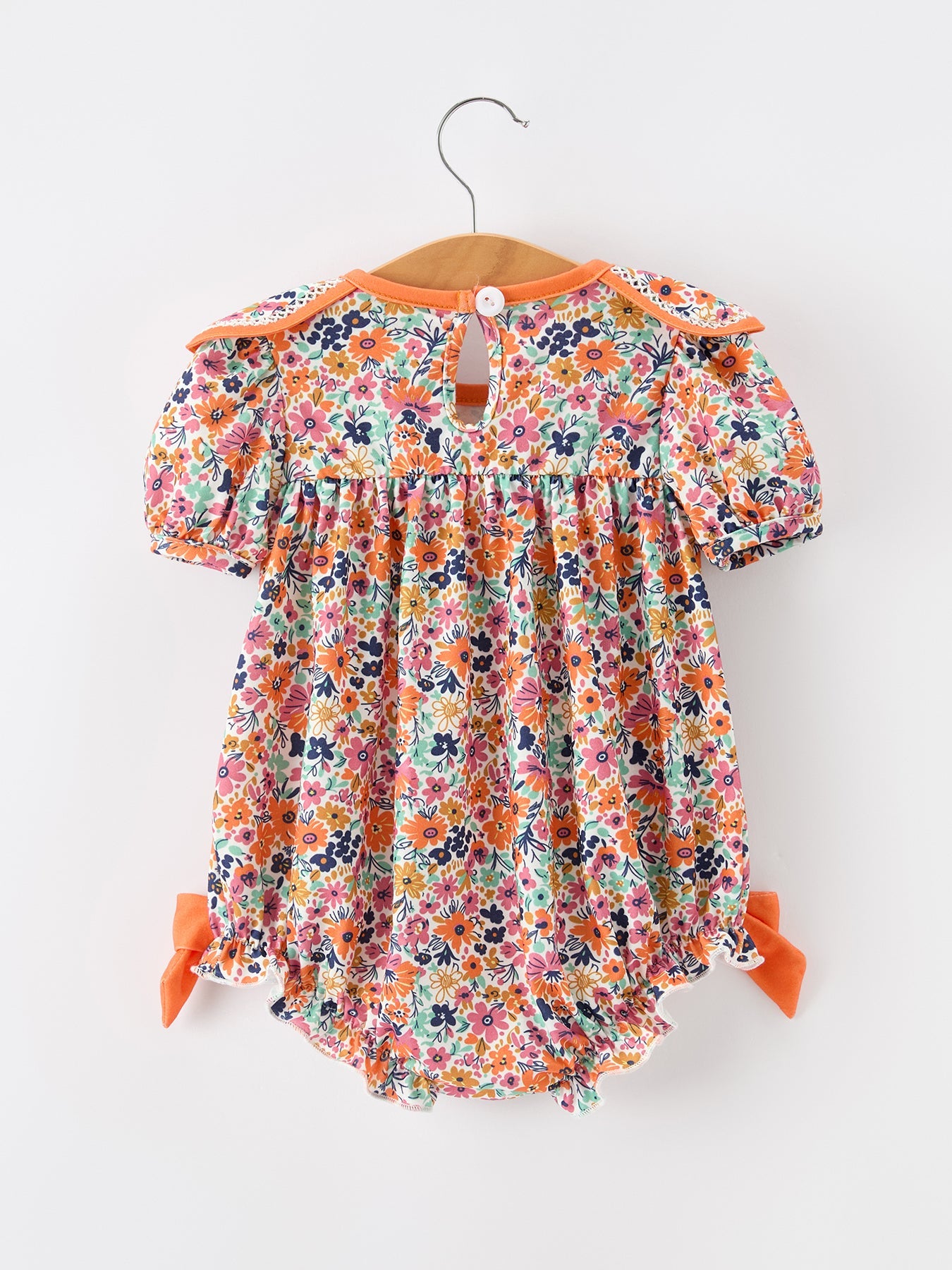 🧡 Orange Floral Bow Petals Collar Girls Romper | Boutique Baby Girl Spring & Summer Outfit