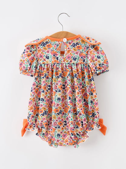 🧡 Orange Floral Bow Petals Collar Girls Romper | Boutique Baby Girl Spring & Summer Outfit