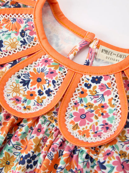 🧡 Orange Floral Bow Petals Collar Girls Romper | Boutique Baby Girl Spring & Summer Outfit