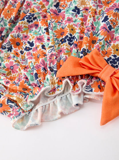 🧡 Orange Floral Bow Petals Collar Girls Romper | Boutique Baby Girl Spring & Summer Outfit