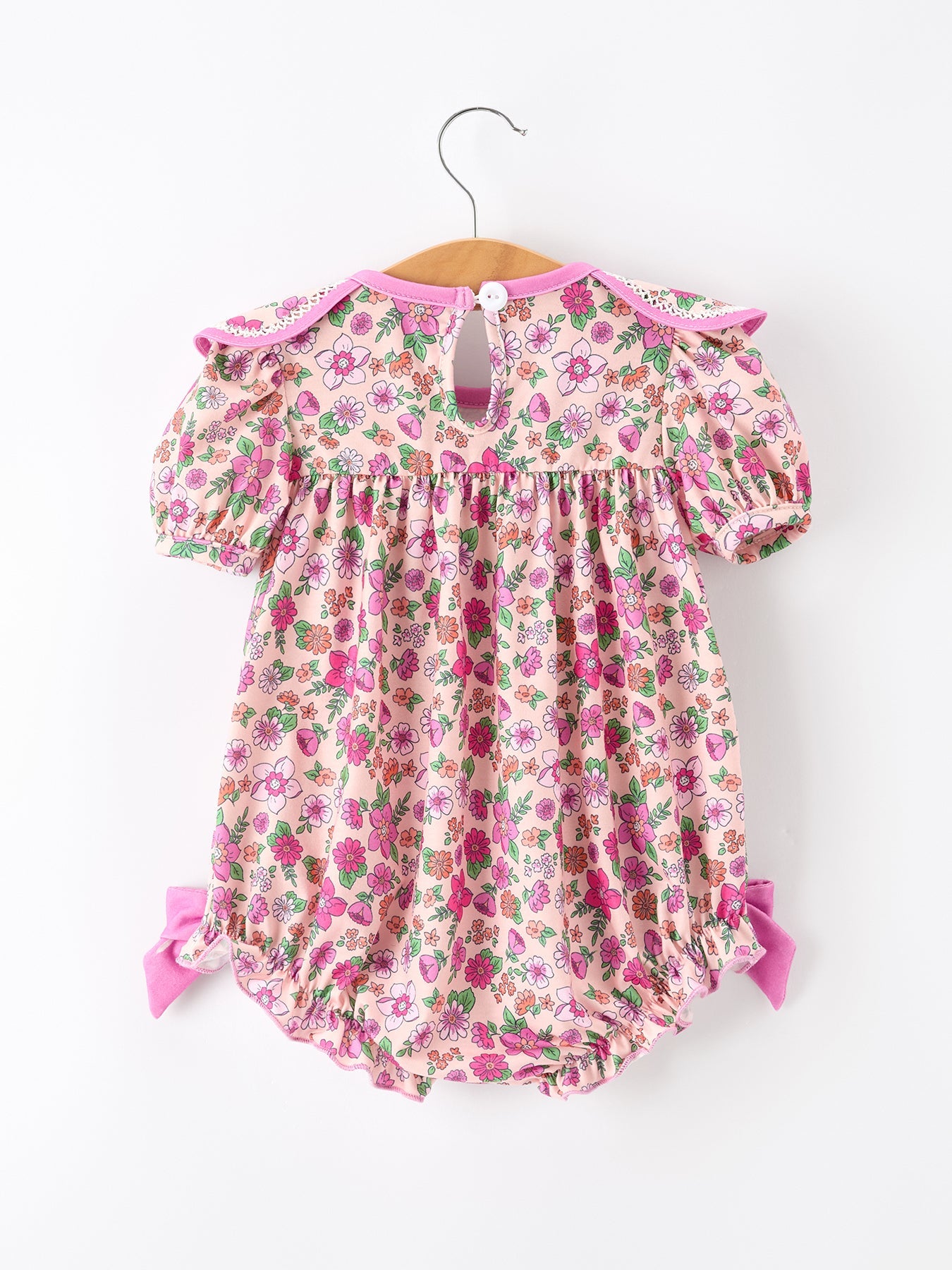 🌸 Pink Floral Bow Petals Collar Girls Romper | Boutique Baby Girl Spring & Summer Outfit