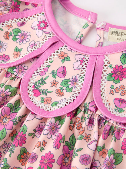 🌸 Pink Floral Bow Petals Collar Girls Romper | Boutique Baby Girl Spring & Summer Outfit