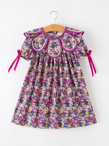💜 Purple Floral Bow Petals Collar Girls Dress | Boutique Baby Girl Spring & Summer Dress