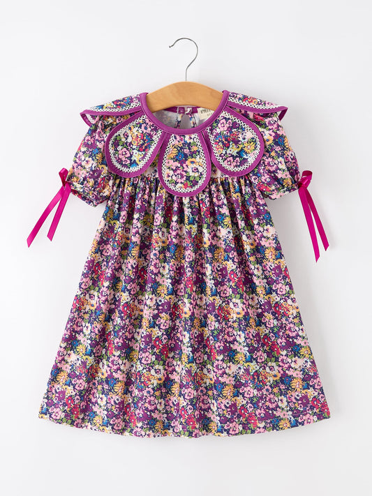 💜 Purple Floral Bow Petals Collar Girls Dress | Boutique Baby Girl Spring & Summer Dress